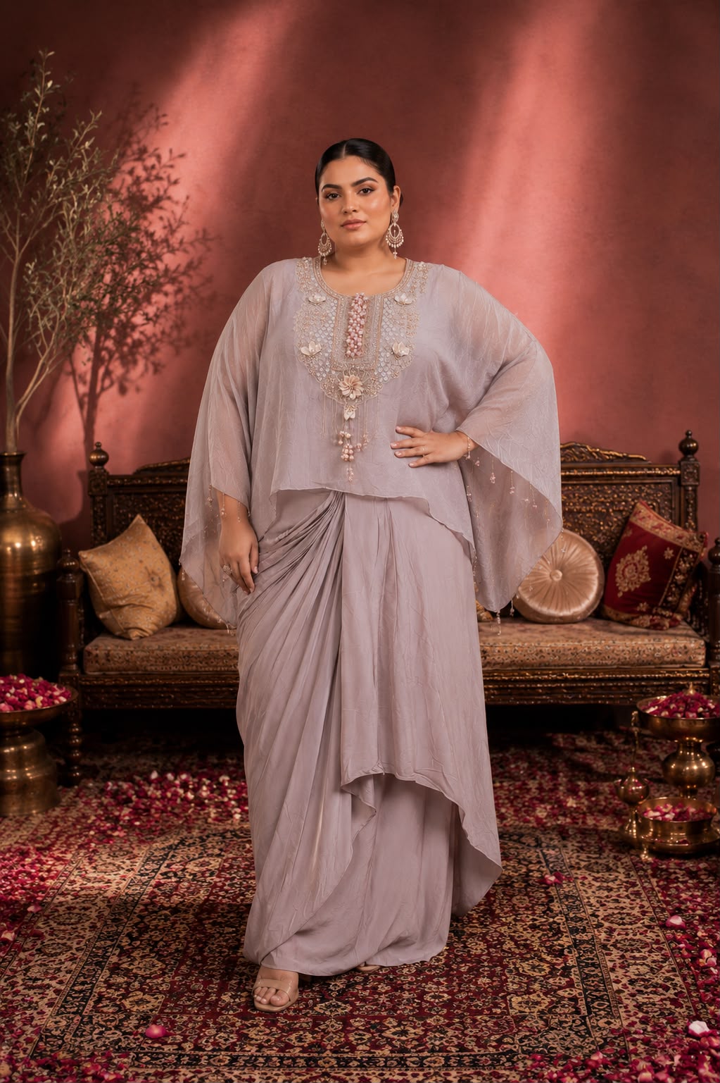 Dusty Lilac Hand-Embellished Kaftan Top with Draped Dhoti Skirt Set for Women — Fusion wear | Lehar Clothing UAE