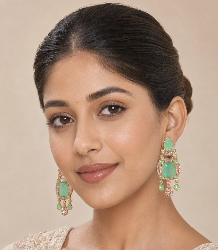 Women’s Mint Green & Blush Pink Crystal Chandelier Earrings — Jewellery — view 2 | Lehar Clothing UAE