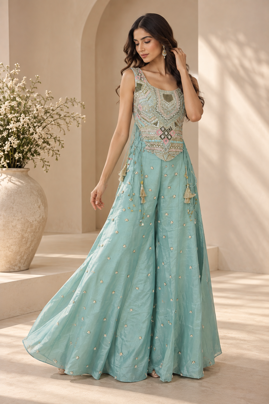 Pastel Aqua Blue Mirror & Sequin Embellished Bustier Top with Tassel Detailing & Wide-Leg Flared Palazzo Pants Set — Fusion wear | Lehar Clothing UAE