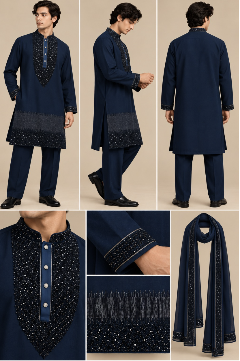Men’s Navy Blue Embellished Kurta Pant Set with Sequin Detailing, Mandarin Collar & Matching Dupatta — Kurta Sets — view 3 | Lehar Clothing UAE