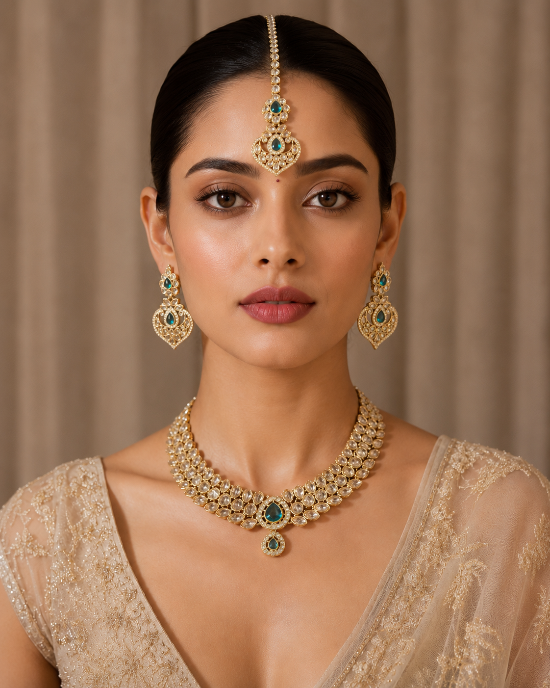 Teal Green Kundan Collar Necklace Set with Maang Tikka - Indian Bridal Jewelry — Jewellery — view 3 | Lehar Clothing UAE