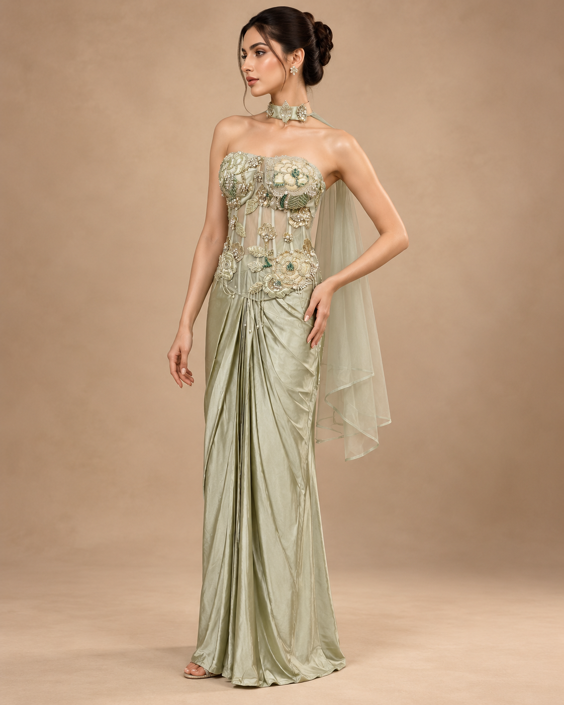 Beige Embellished Strapless Blouse with Floral Sequin Detailing and Draped Skirt & Choker Dupatta — Fusion wear — view 4 | Lehar Clothing UAE