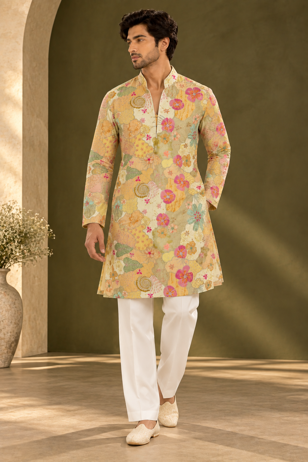 Men’s Pastel Yellow Floral Embroidered Kurta with Straight-Fit White Pants — Kurta Sets — view 3 | Lehar Clothing UAE