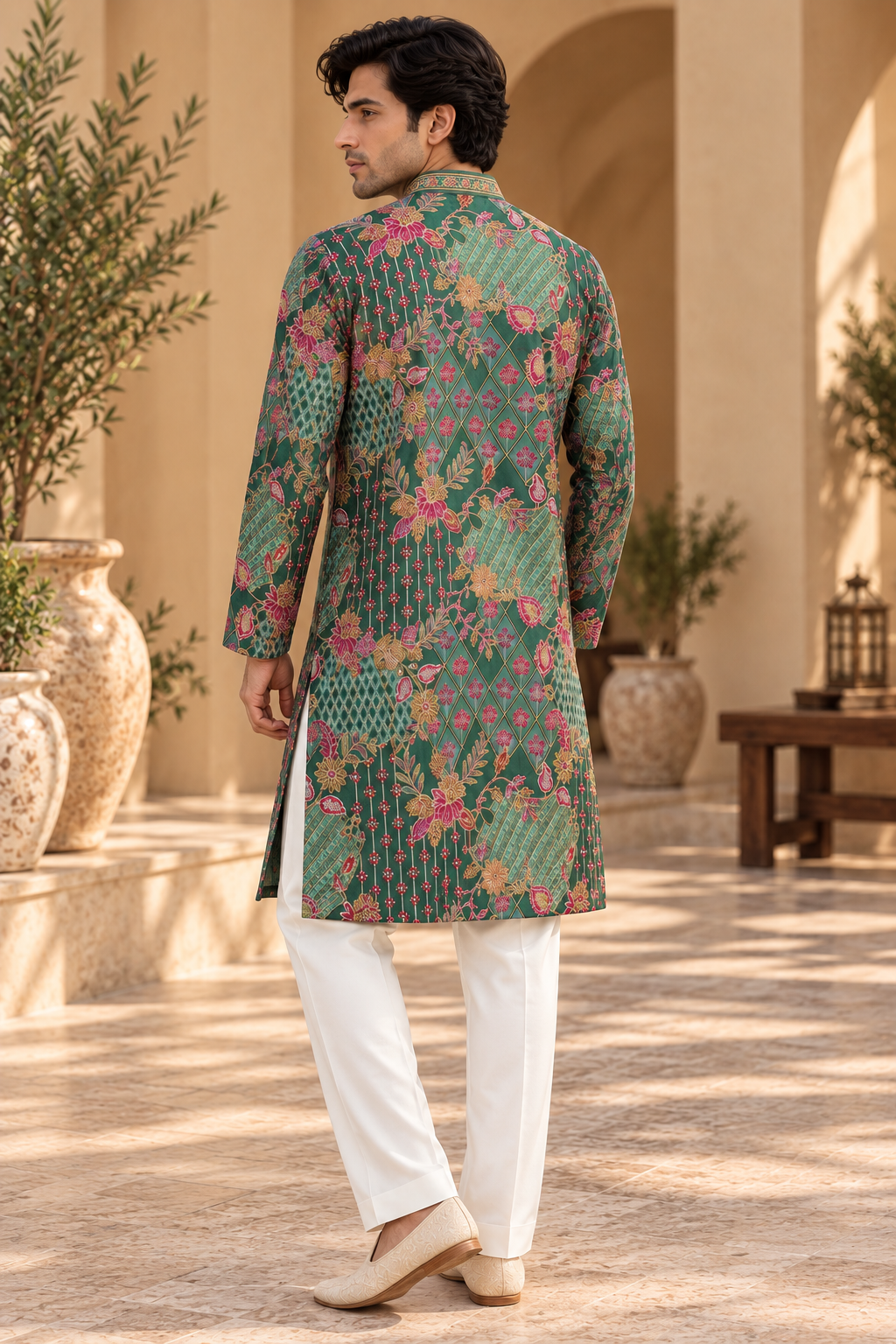 Men's Emerald Green Multicolor Floral & Geometric Embroidered Kurta Set with White Straight Pants — Kurta Sets — view 2 | Lehar Clothing UAE
