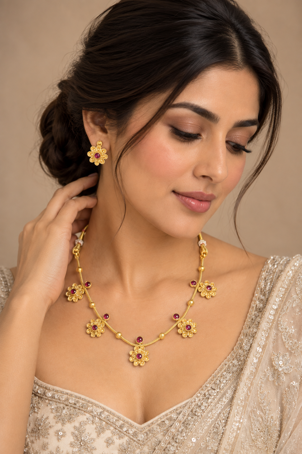 Gold Flower Charm Necklace Set with Ruby Stones - Indian Minimal Jewelry — Jewellery — view 2 | Lehar Clothing UAE