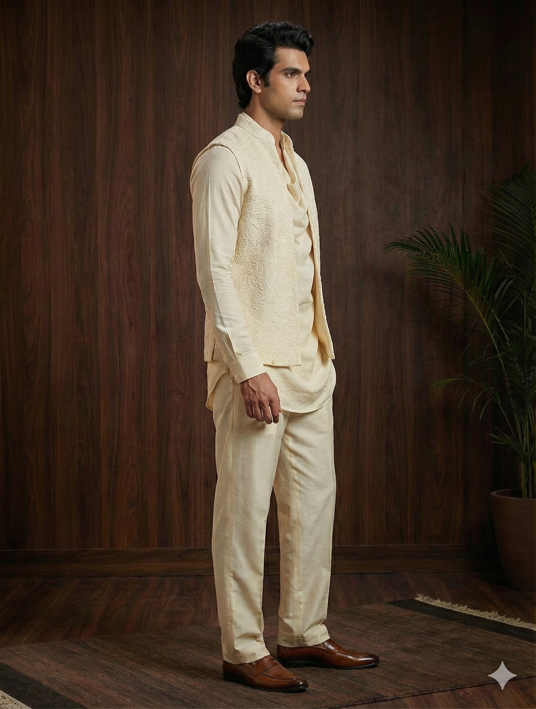 Men's 3-Piece Ethnic Suit: Cream Cowl Kurta, Nehru Jacket, and Tailored Trousers — Co-ord Set — view 2 | Lehar Clothing UAE