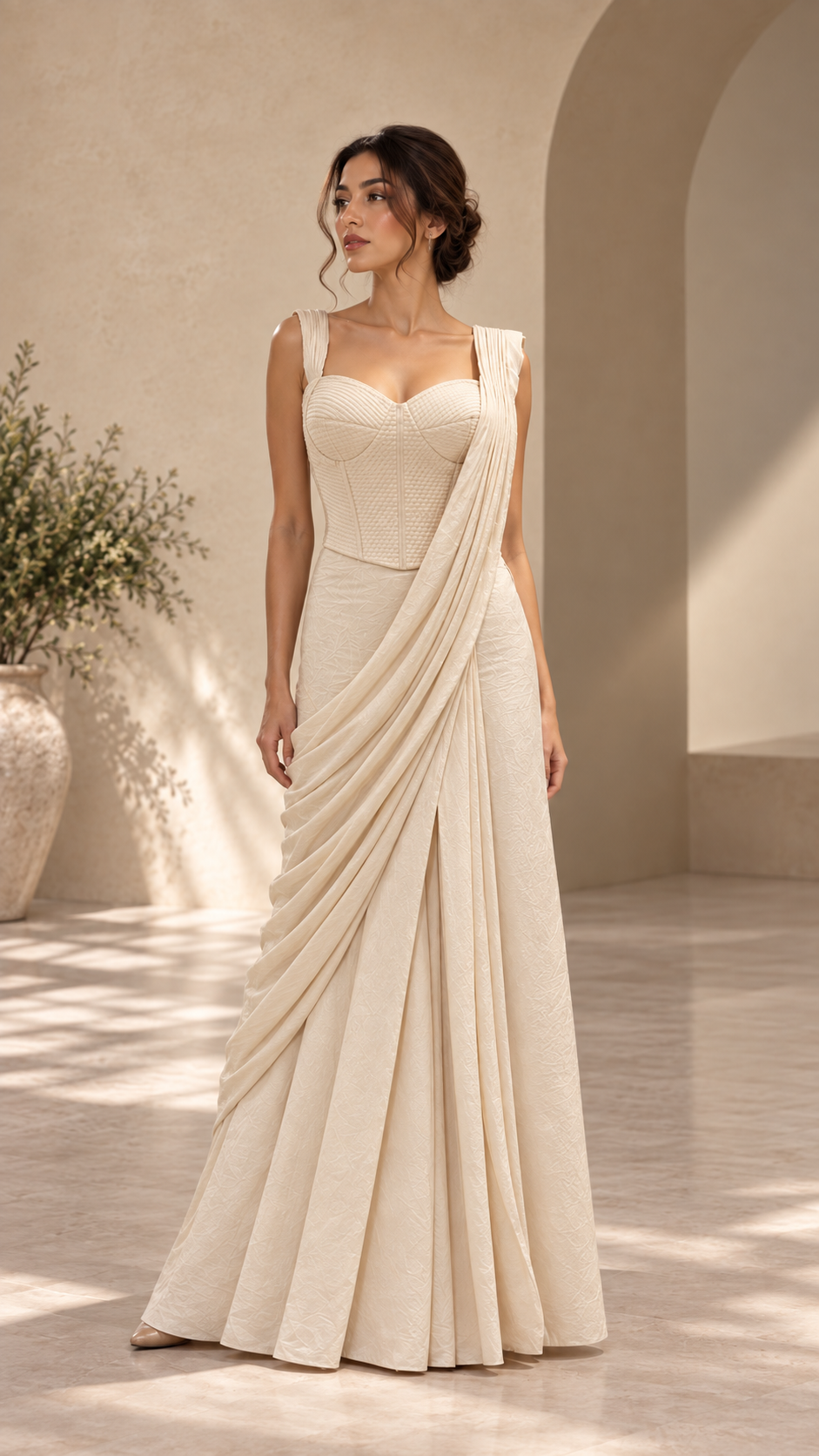 Ivory Structured Corset Top with Draped Saree Set — Sarees | Lehar Clothing UAE