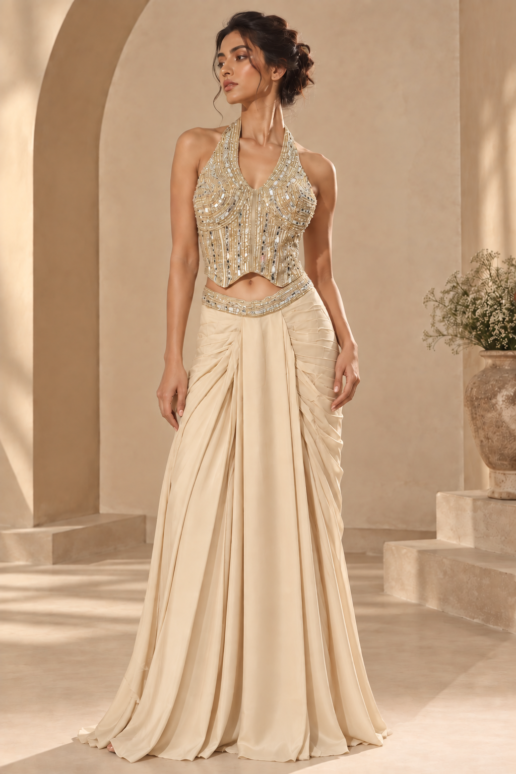 Women's Champagne Beige Mirror & Sequin Embellished Halter Neck Bustier with Draped Skirt & Dupatta 3-Piece Set — Fusion wear | Lehar Clothing UAE