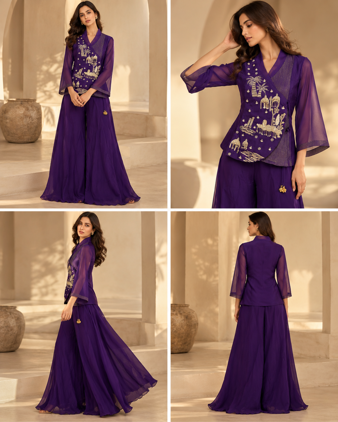 Women's Royal Purple Gold Embroidered Angrakha Top & Flared Sharara Palazzo Set — Palazzo Sets — view 3 | Lehar Clothing UAE