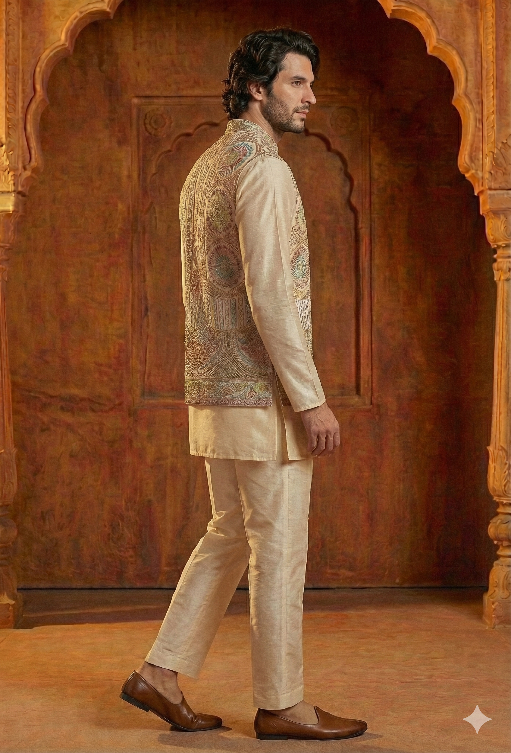 Ivory Regal Embroidered Kurta Set with Heritage Jacket Set — Co-ord Set — view 2 | Lehar Clothing UAE