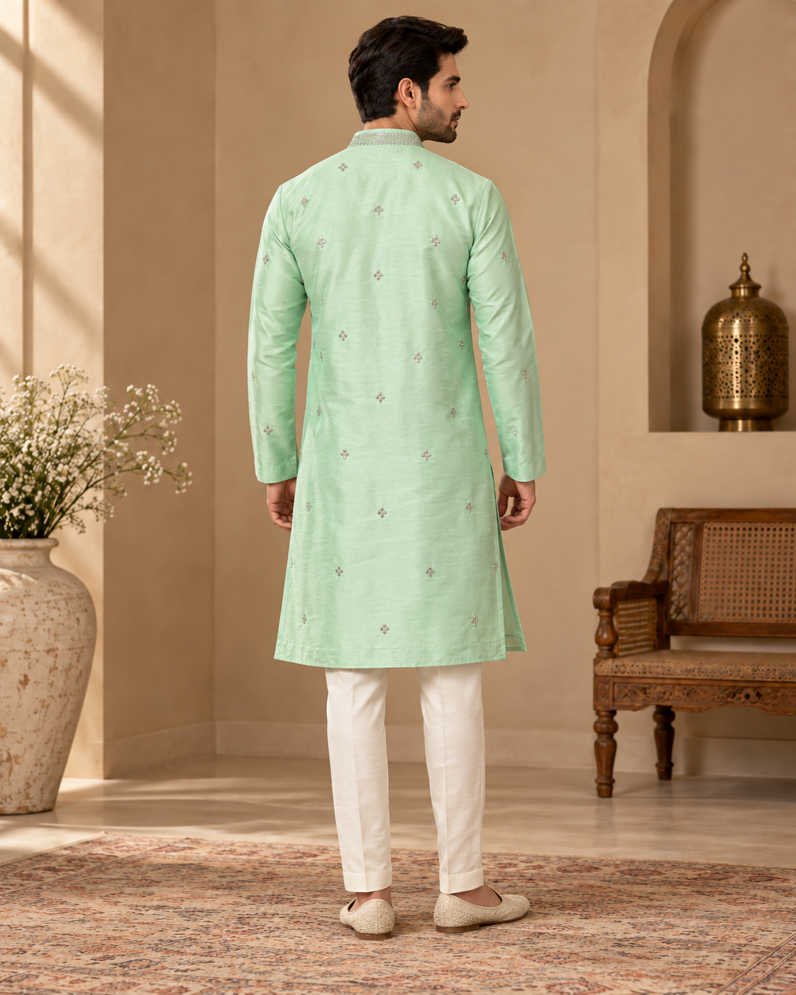 Mint Green Embroidered Silk Kurta with Ivory Straight Pants — Kurta Sets — view 3 | Lehar Clothing UAE
