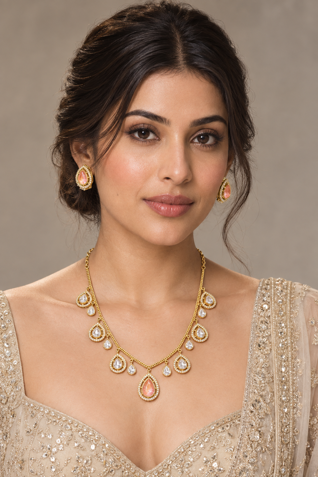 Peach Polki-Style Necklace Set – Gold-Tone Indian Lightweight Jewelry — Jewellery — view 2 | Lehar Clothing UAE