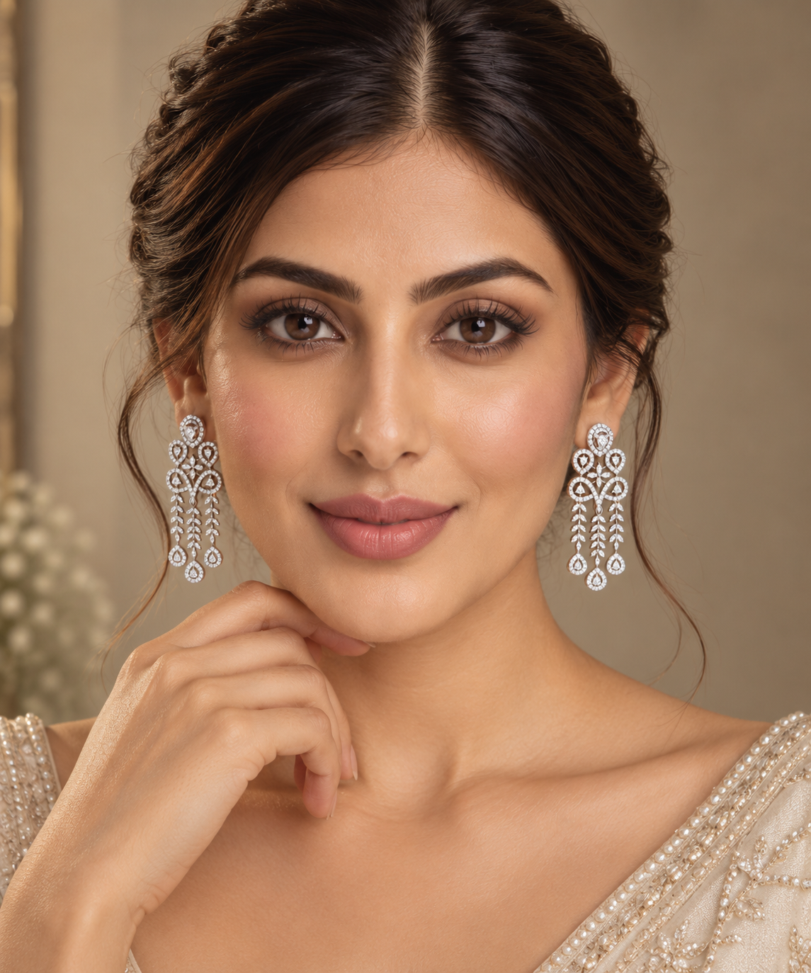 Silver-Tone Leaf Chandelier Earrings – Long Bridal & Party Jewelry — Jewellery — view 2 | Lehar Clothing UAE