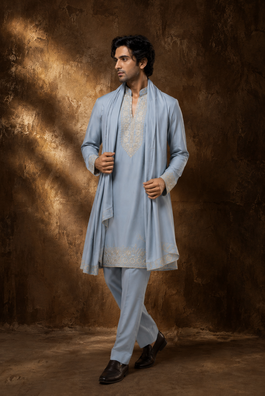Men’s Powder Blue Embroidered Kurta Set with Matching Stole & Trousers — Kurta Sets | Lehar Clothing UAE