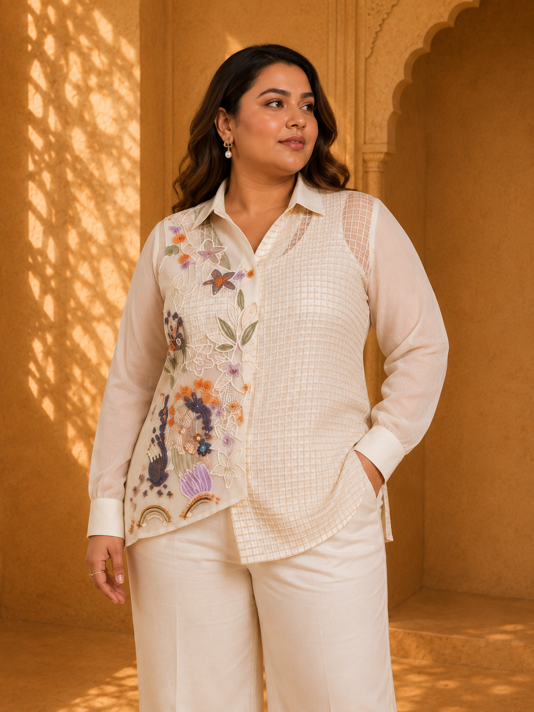 Lehar Ivory Floral Embroidered Overlay Co-Ord Set with Textured Inner Blouse & Palazzo Pants — Co-ord Set — view 3 | Lehar Clothing UAE