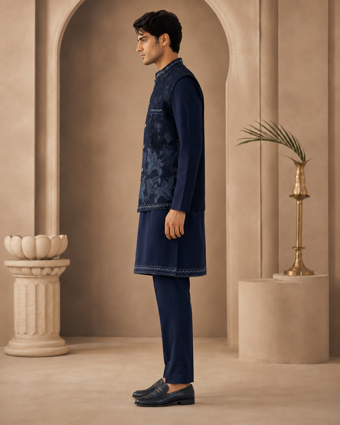 Men’s Navy Blue Embroidered Kurta Pajama with Nehru Jacket – 3 Piece Festive Ethnic Wear Set — Kurta Sets — view 2 | Lehar Clothing UAE