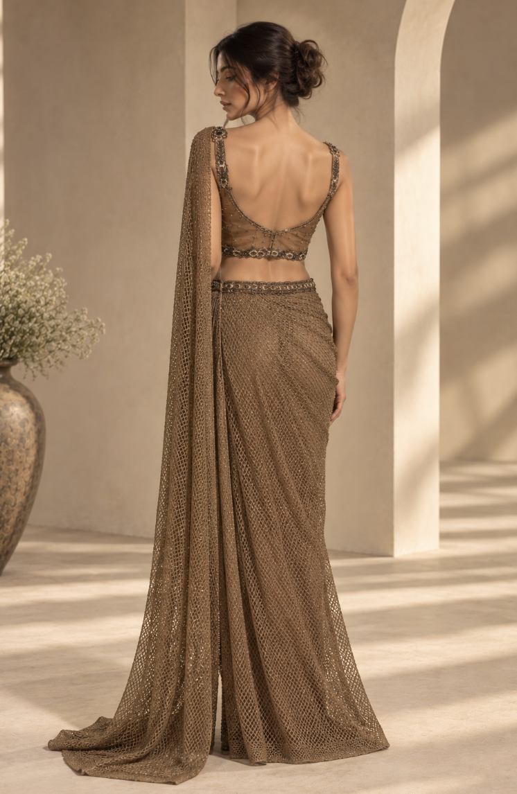 Bronze Sequin & Bead Detailing Corset with Embellished Net Draped Saree Set — Sarees — view 3 | Lehar Clothing UAE