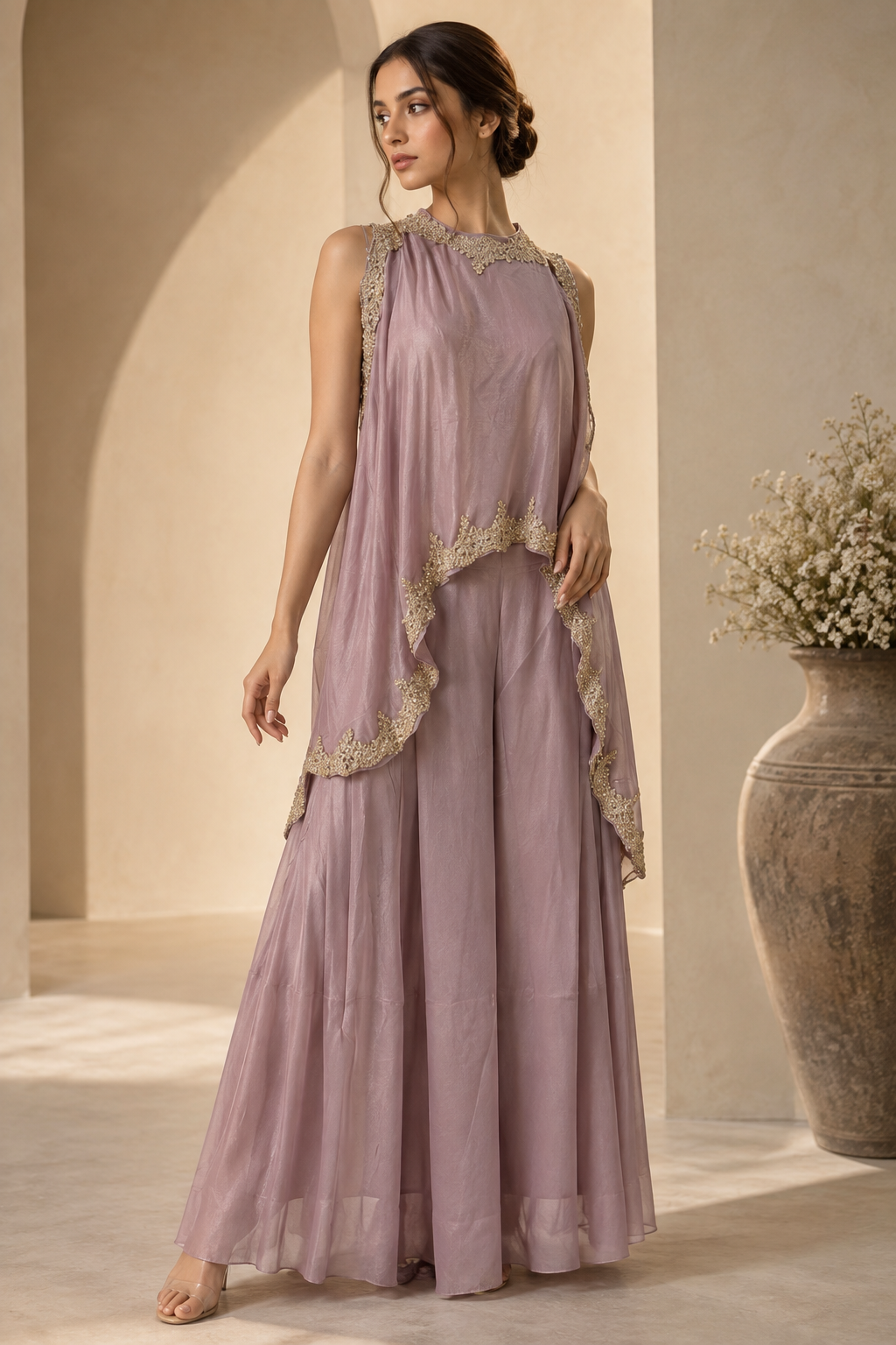 Lilac Embellished Asymmetric Cape Top with Flared Palazzo Pants Set — Kurta Sets | Lehar Clothing UAE