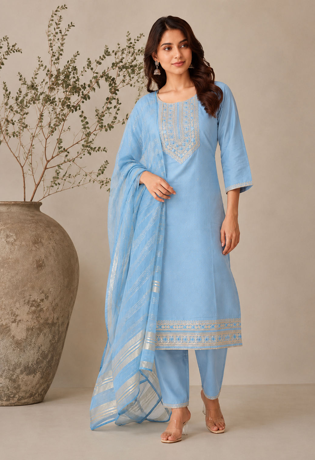 Women's Dusty Blue 3-Piece Embroidered Kurta and Pant Set with Dupatta — Kurta Sets | Lehar Clothing UAE