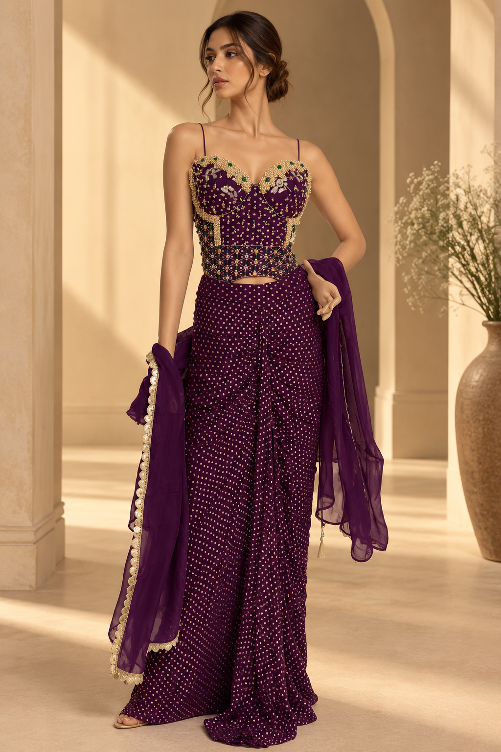 Women's Deep Plum Embellished Sweetheart Neck Bustier with Mirror & Bead Work and Pre-Draped Saree Set — Sarees — view 4 | Lehar Clothing UAE