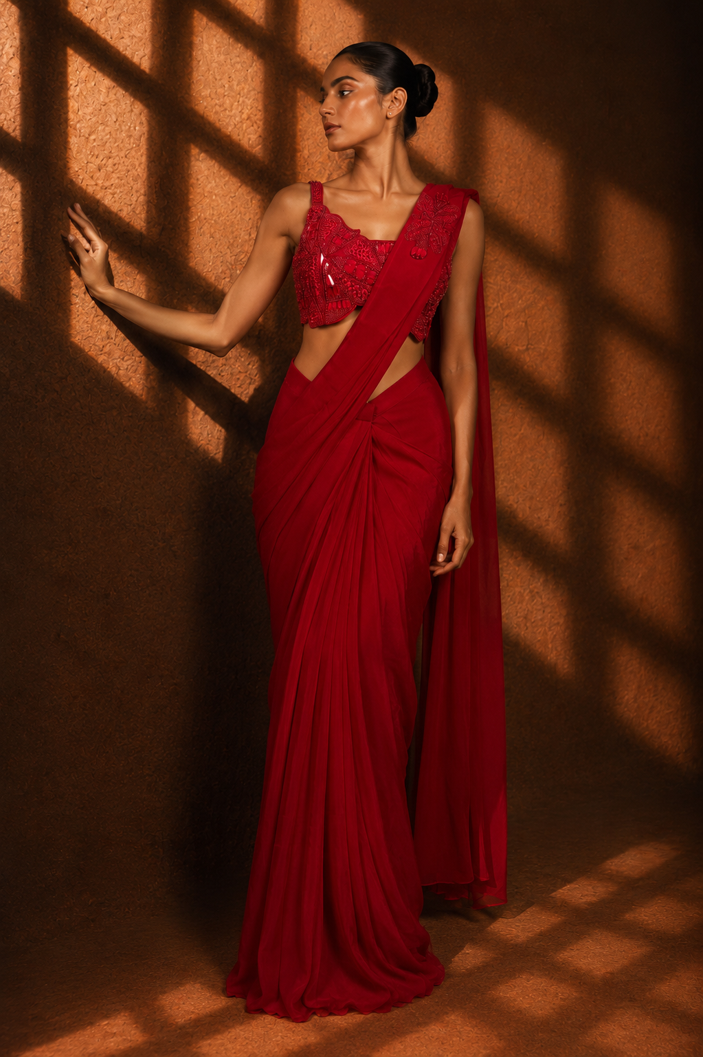 Women's Red Draped Saree with Embellished Blouse Set — Sarees | Lehar Clothing UAE