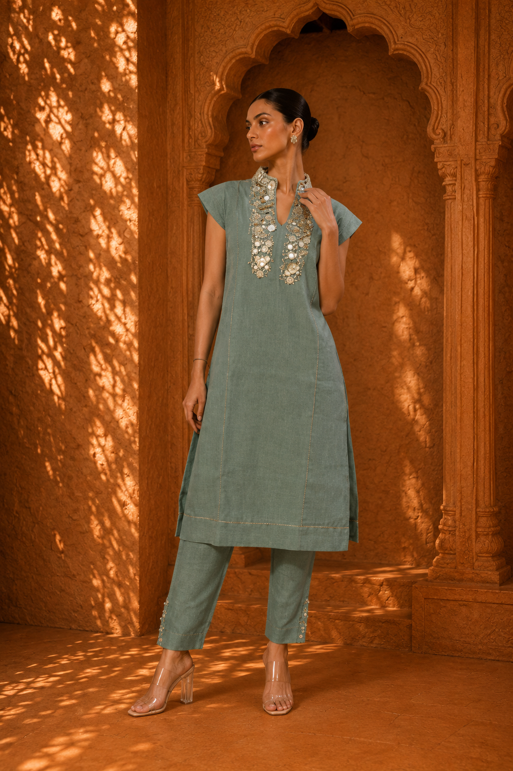 Sage Mirror Embellished Kurta Set — Kurta Sets | Lehar Clothing UAE
