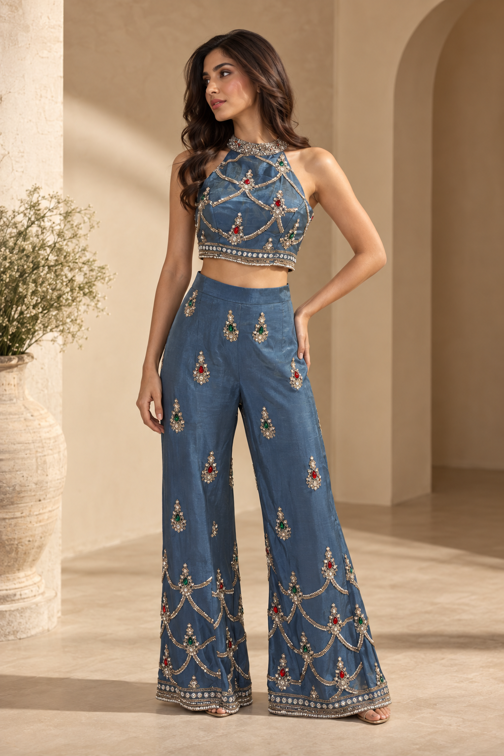 Women’s Blue Embellished Halter Crop Top with Wide-Leg Palazzo Pants Co-Ord Set with Dupatta — Fusion wear | Lehar Clothing UAE
