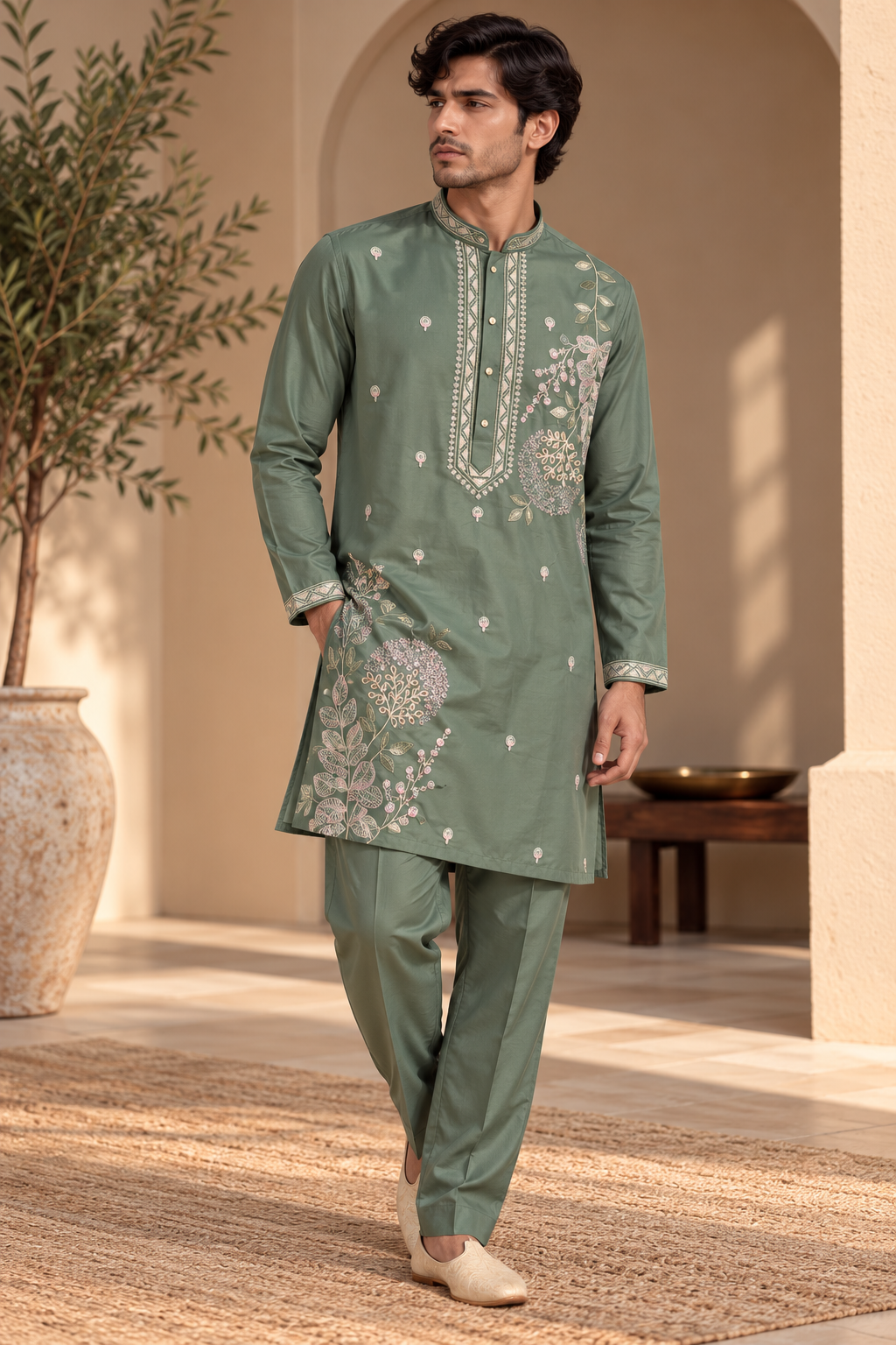 Sage Green Embroidered Kurta Set for Men with Matching Trousers — Kurta Sets | Lehar Clothing UAE