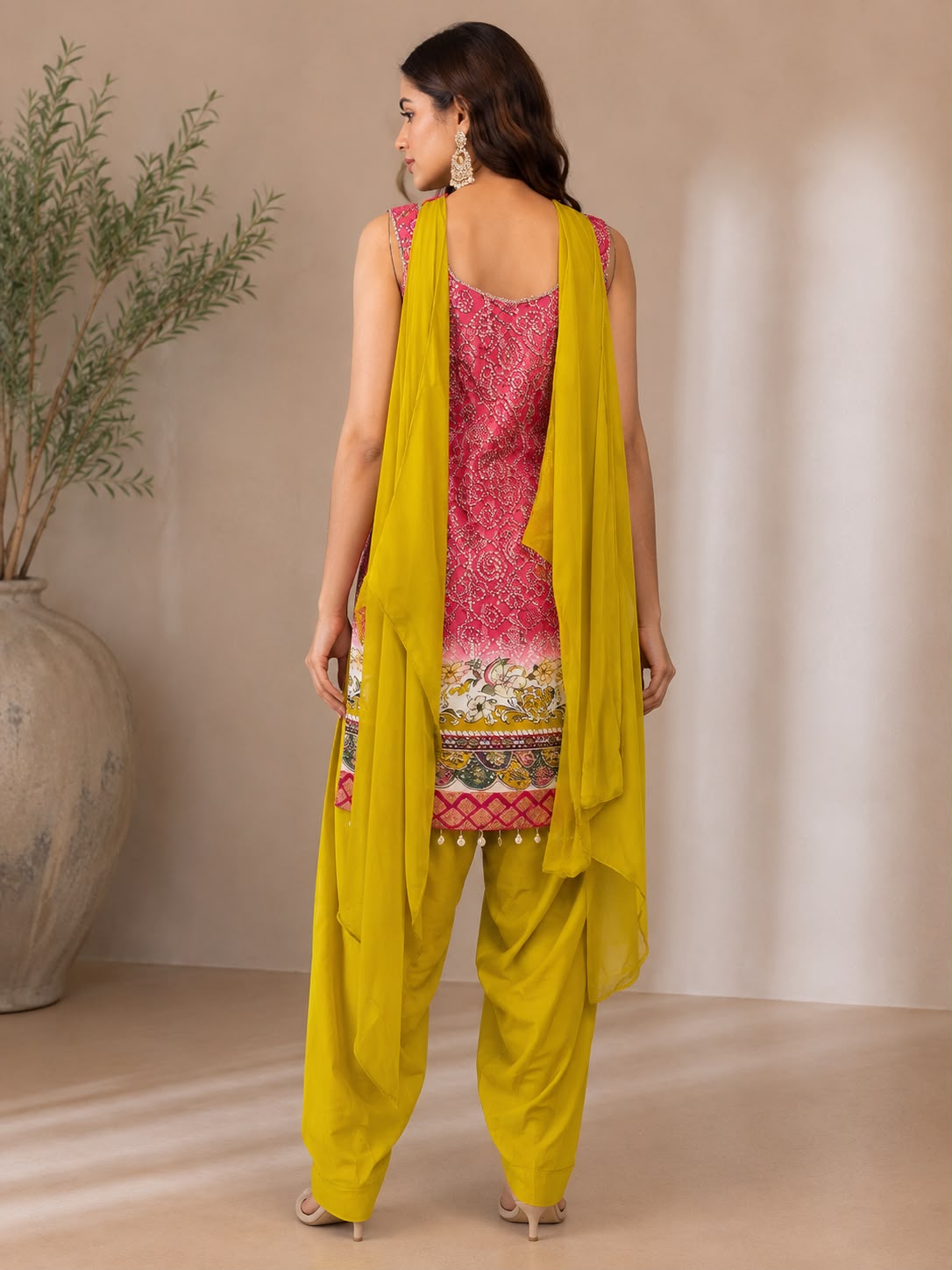 Pink Embroidered Cotton Blend Kurta Set with Yellow Salwar — Kurta Sets — view 2 | Lehar Clothing UAE