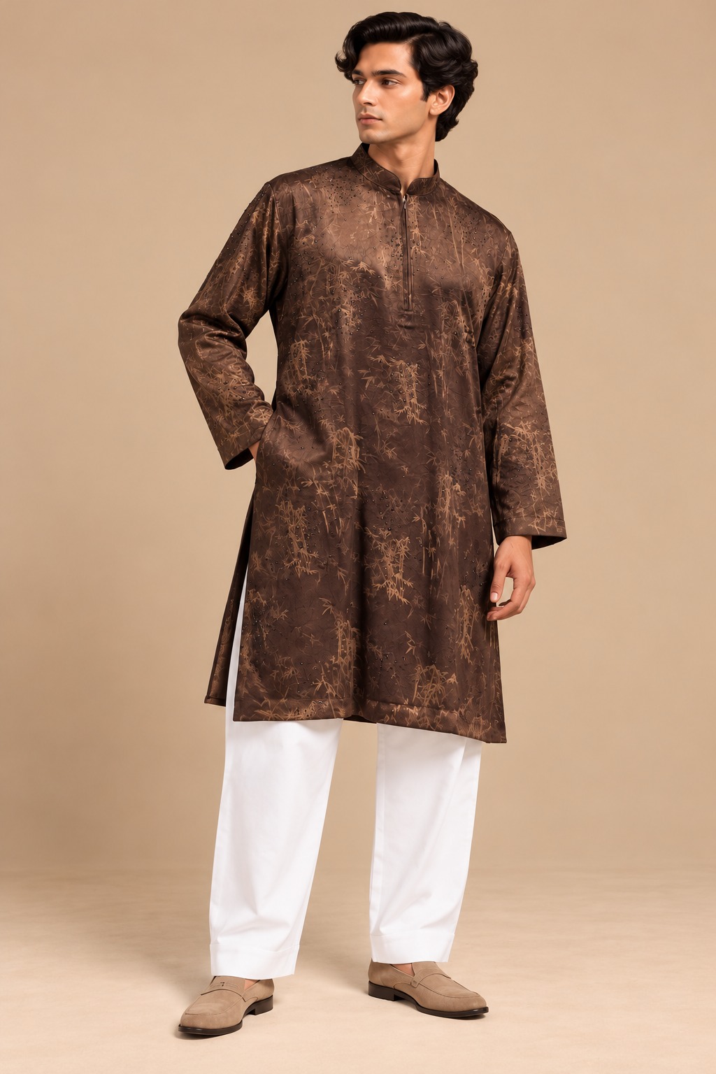 Men’s Chocolate Brown Bamboo Print Kurta Set with Subtle Embellishments and White Straight-Fit Pants — Kurta Sets | Lehar Clothing UAE