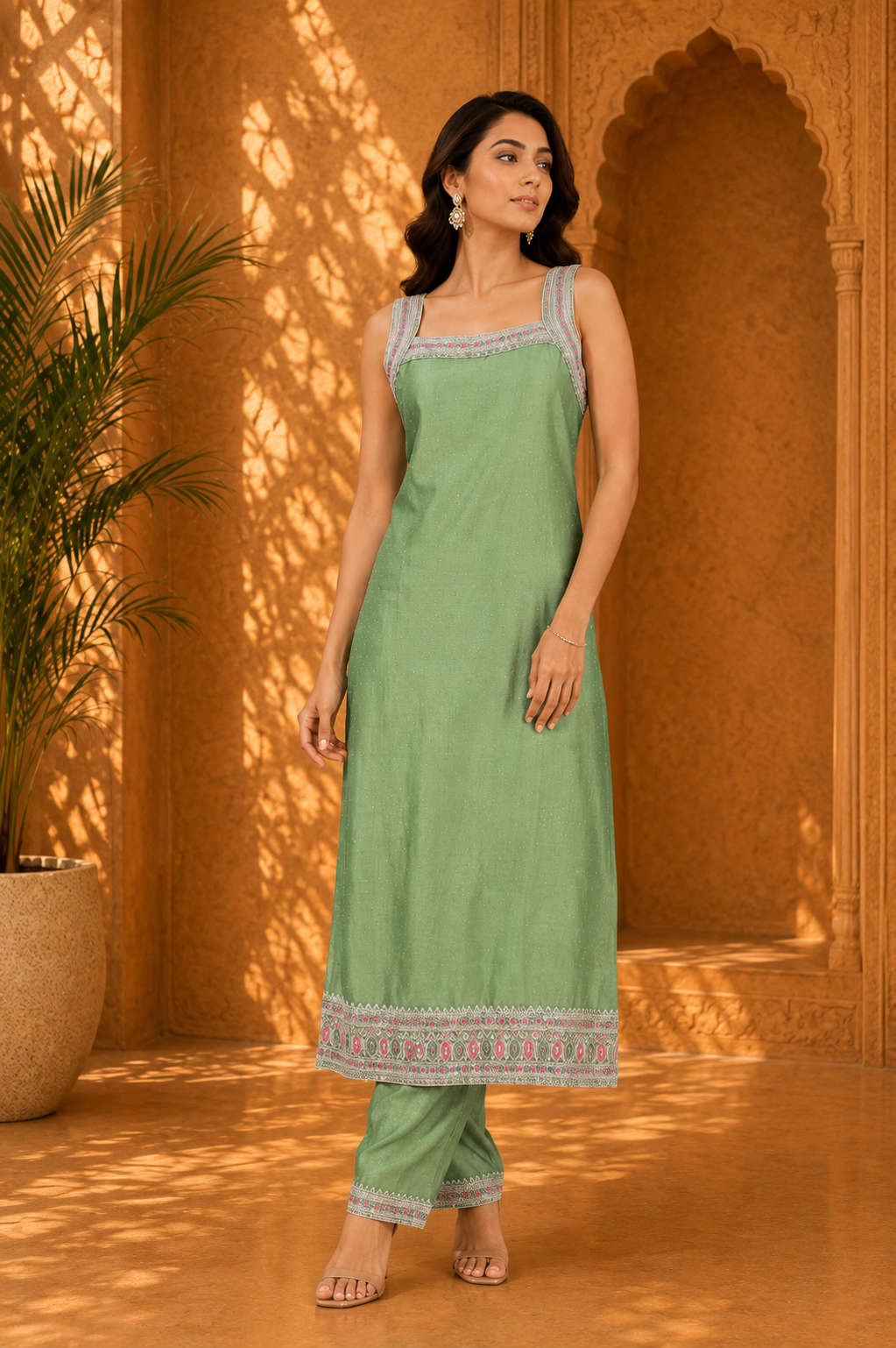 Sage Green Square-Neck Embellished Straight Kurti with Matching Trousers and Bordered Dupatta — Kurta Sets — view 2 | Lehar Clothing UAE