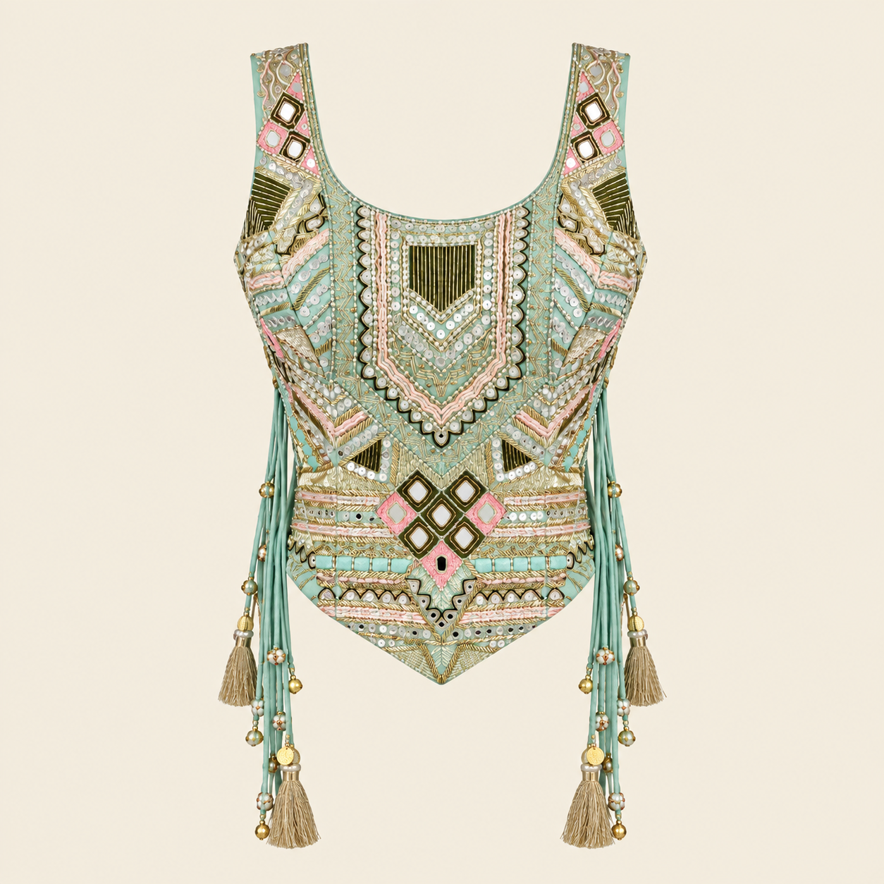 Pastel Aqua Blue Mirror & Sequin Embellished Bustier Top with Tassel Detailing & Wide-Leg Flared Palazzo Pants Set — Fusion wear — view 3 | Lehar Clothing UAE
