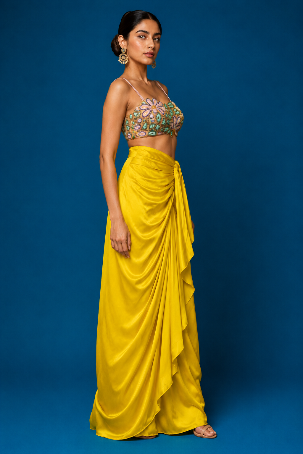 Sunlit Bloom Draped Skirt Co-Ord Set — Fusion wear — view 2 | Lehar Clothing UAE