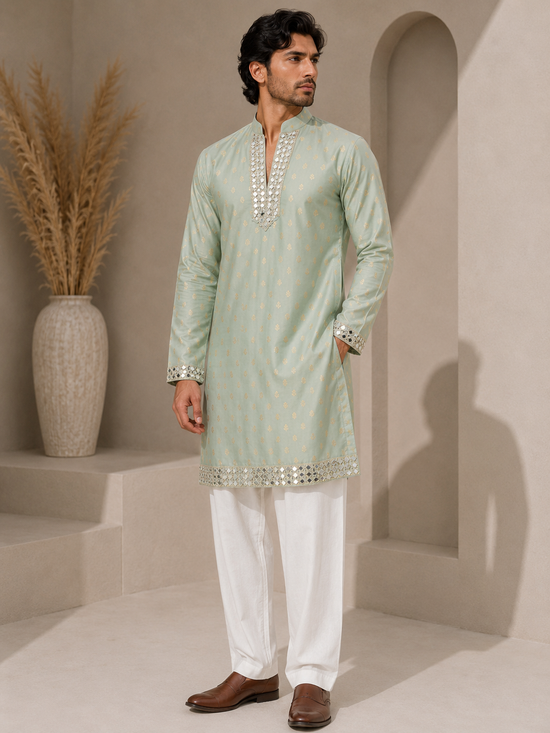 Green Mirror Embellished Kurta Set — Kurta Sets | Lehar Clothing UAE