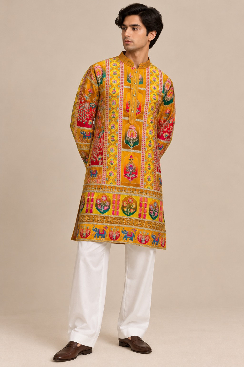 Men’s Mustard Yellow Multicolour Traditional Elephant & Floral Print Kurta with White Straight Pants — Kurta Sets | Lehar Clothing UAE