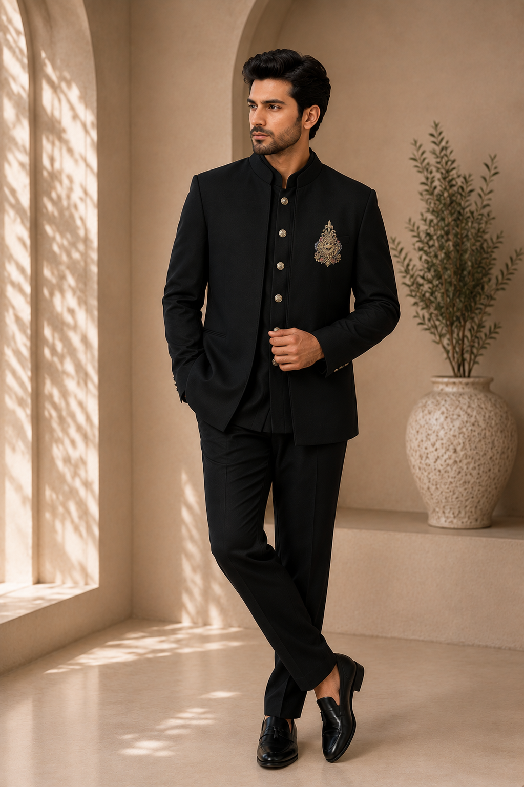 Black Embroidered Indo-Western Bandhgala Suit Set for Men — Fusion wear | Lehar Clothing UAE