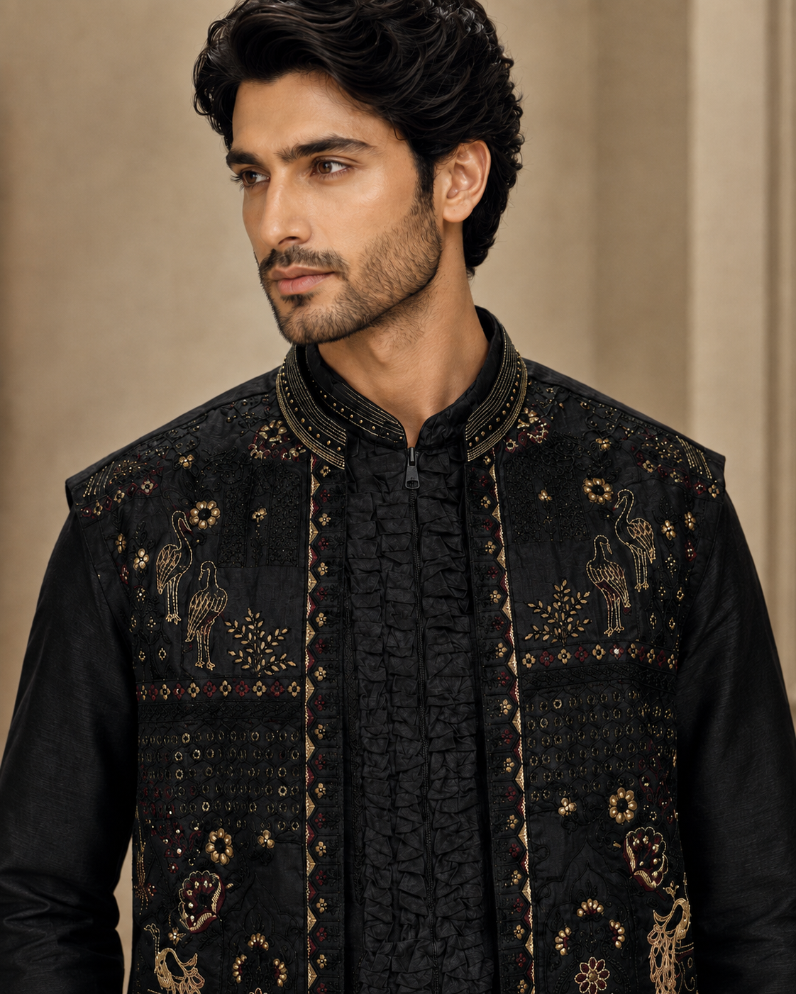 Men’s Black Embroidered Indo-Western Kurta Pajama with Jacket – 3 Piece Ethnic Wear Set — Kurta Sets — view 2 | Lehar Clothing UAE