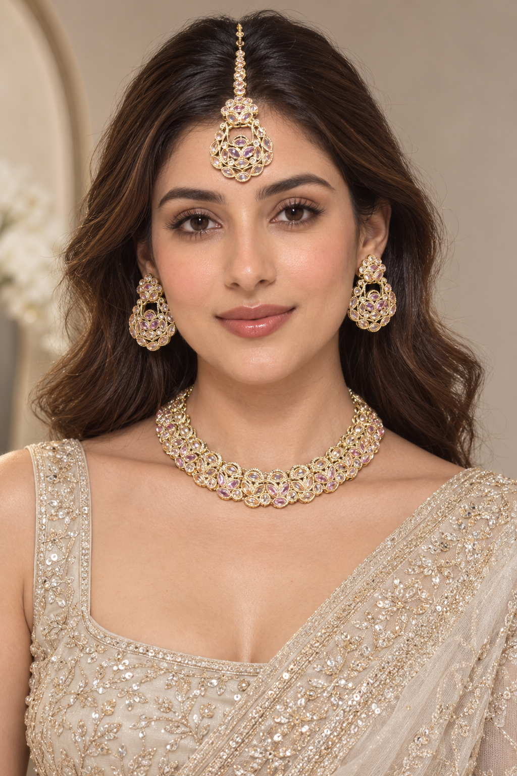 Blush Pink Kundan Choker Necklace Set with Earrings & Maang Tikka - Indian Bridal Jewelry — Jewellery | Lehar Clothing UAE