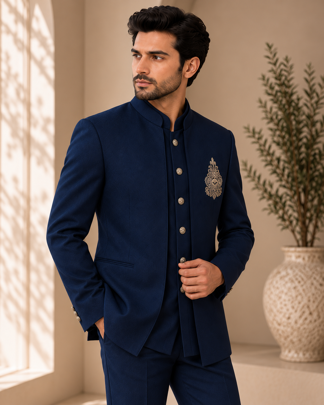 Navy Blue Embroidered Indo-Western Bandhgala Suit Set for Men — Fusion wear — view 3 | Lehar Clothing UAE