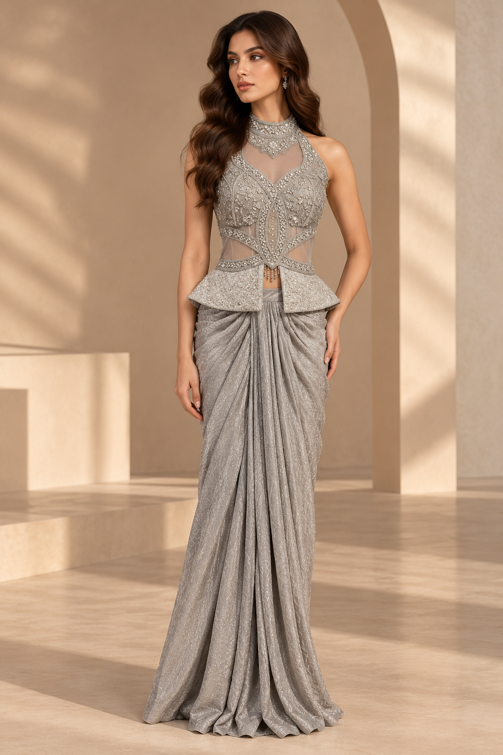 Silver Grey Embellished High Neck Halter Blouse with Crystal & Sequin Work, Lace-Up Corset Back, Peplum Detail & Draped Skirt Set — Fusion wear | Lehar Clothing UAE