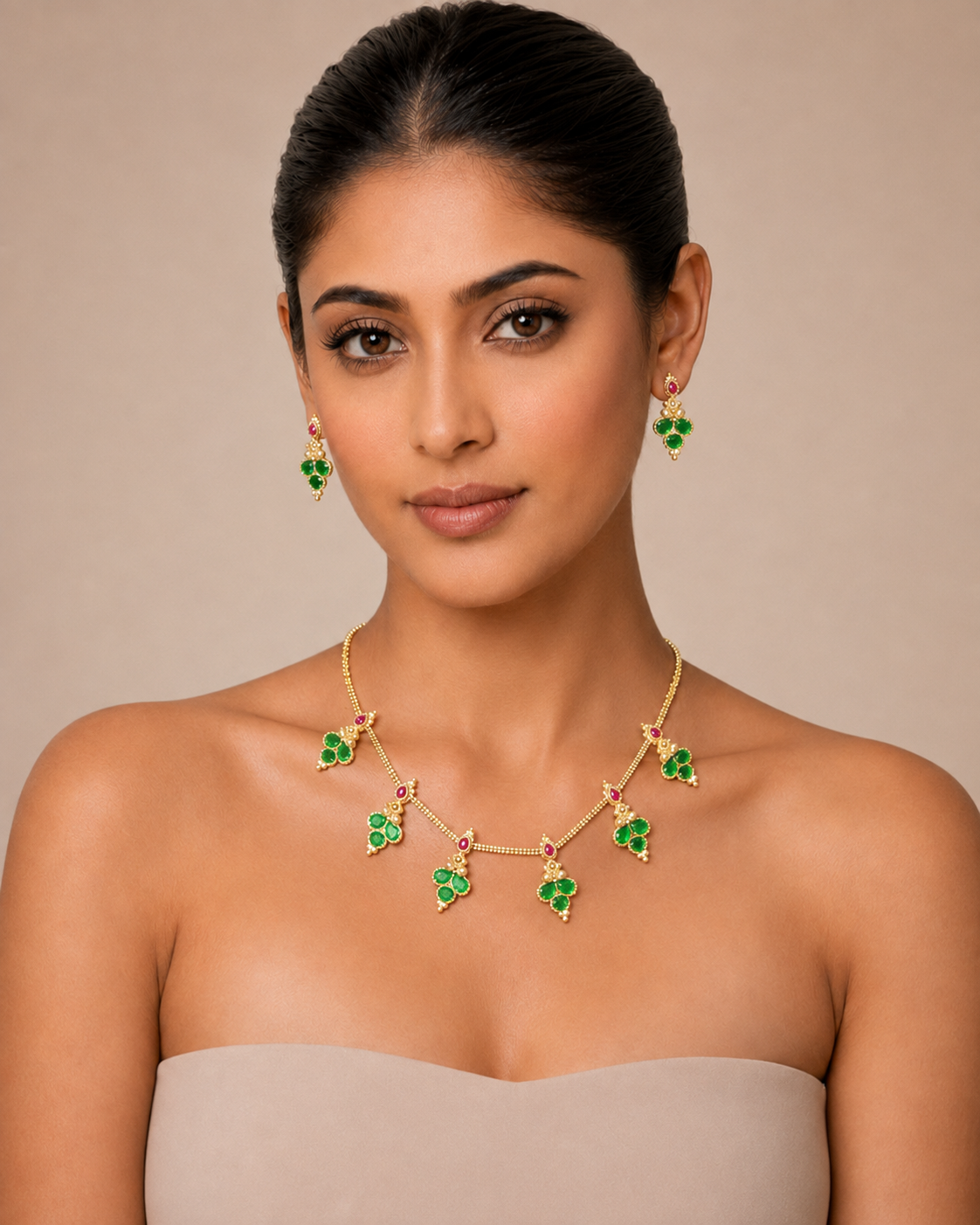 Green Stone Necklace & Earring Set – Gold-Tone Indian Traditional Jewelry — Jewellery — view 4 | Lehar Clothing UAE