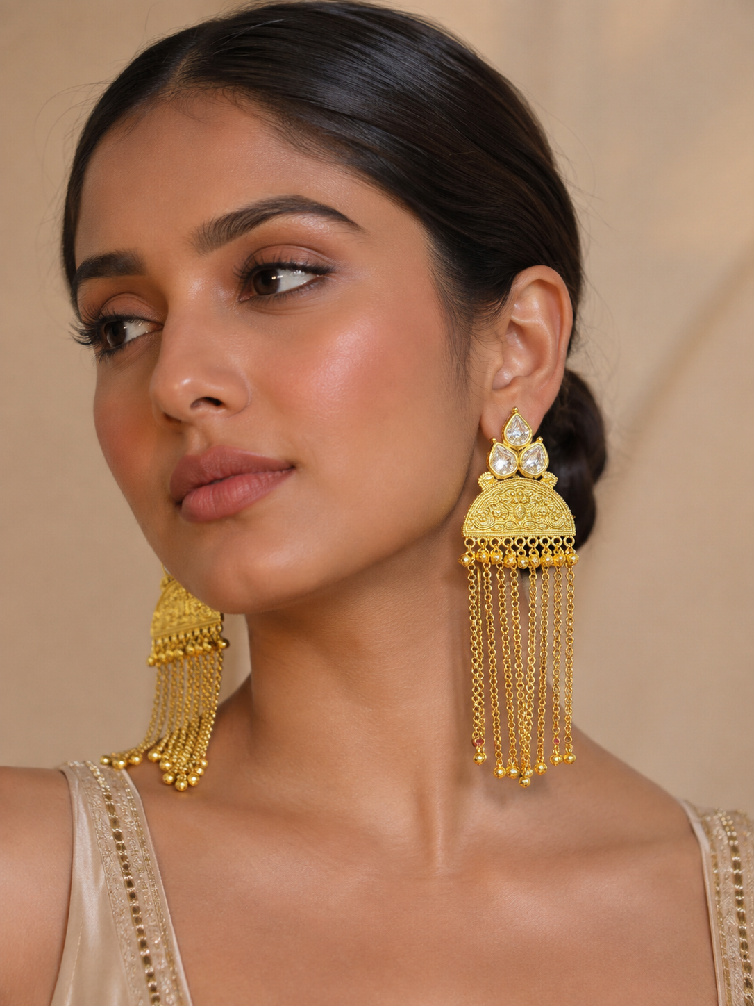 Imitation Gold-Tone Kundan Statement Long Tassel Kashir Dangler Earrings — Jewellery — view 2 | Lehar Clothing UAE