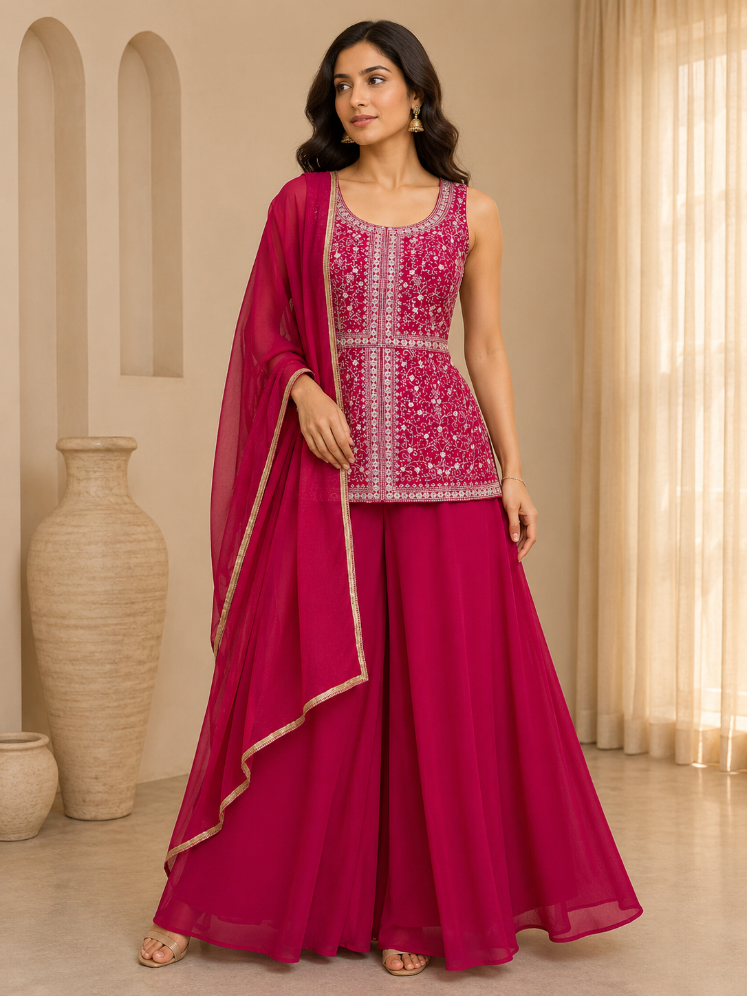 Pink Sleeveless Scoop Neck Short Kurti and Plain Sharara Suit 3-Piece Set — Sharara Set | Lehar Clothing UAE