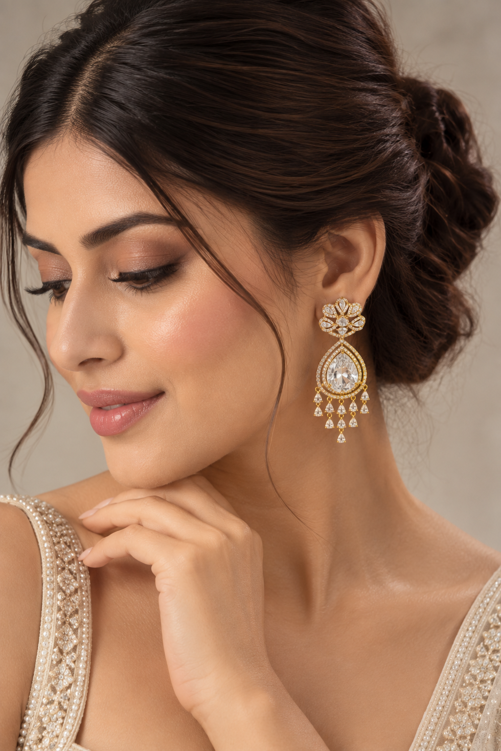 White Teardrop Chandelier Earrings - Gold Tone Bridal, Wedding & Evening Fashion Jewelry — Jewellery — view 2 | Lehar Clothing UAE