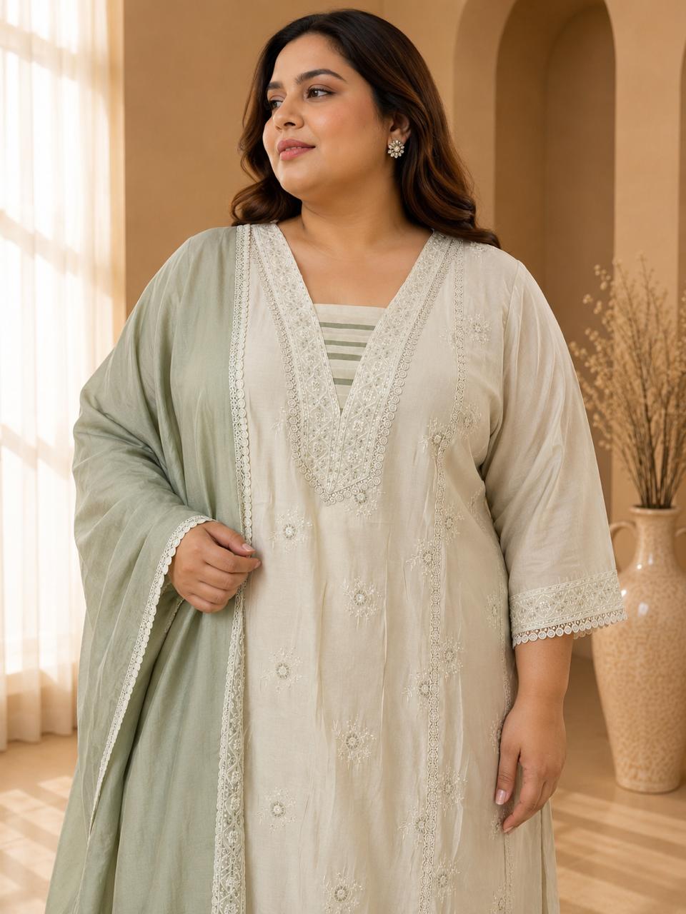 Women's Ivory White Embroidered Straight Kurta with Pants and Green Dupatta Set — Kurta Sets - Plus Size — view 2 | Lehar Clothing UAE