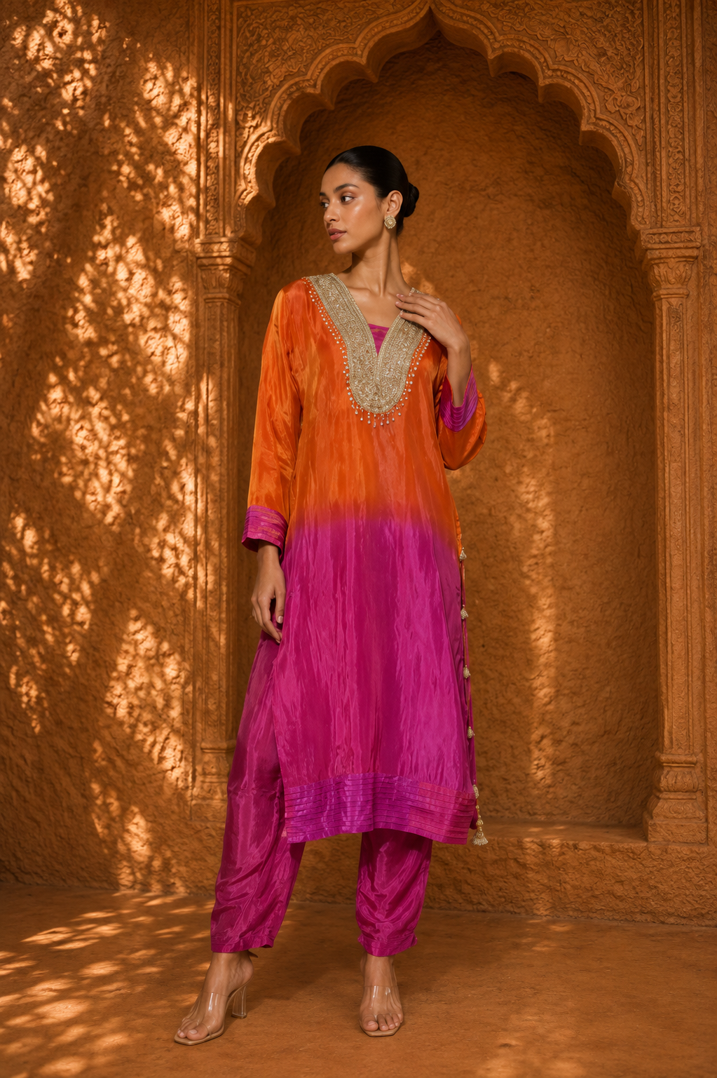 Orange Ombre Embroidered Straight Kurta with Cigarette Pants Set — Kurta Sets - Plus Size — view 3 | Lehar Clothing UAE
