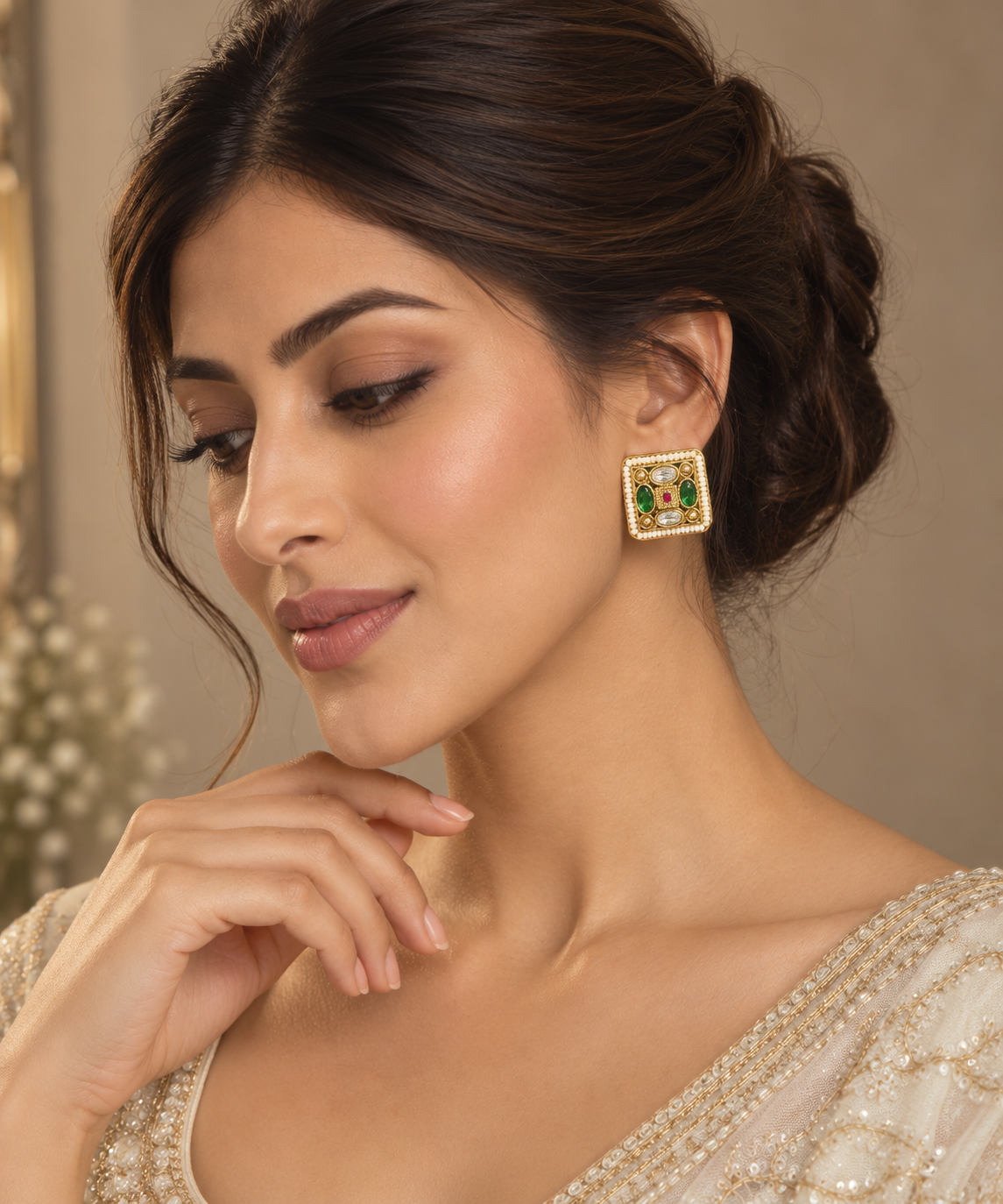 Square Polki-Style Studs with Pearl Border – Antique Gold Indian Jewelry — Jewellery — view 2 | Lehar Clothing UAE