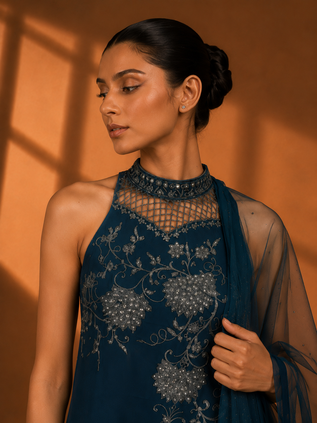 Midnight Teal Sleeveless Embroidered Palazzo Set — Palazzo Sets — view 2 | Lehar Clothing UAE