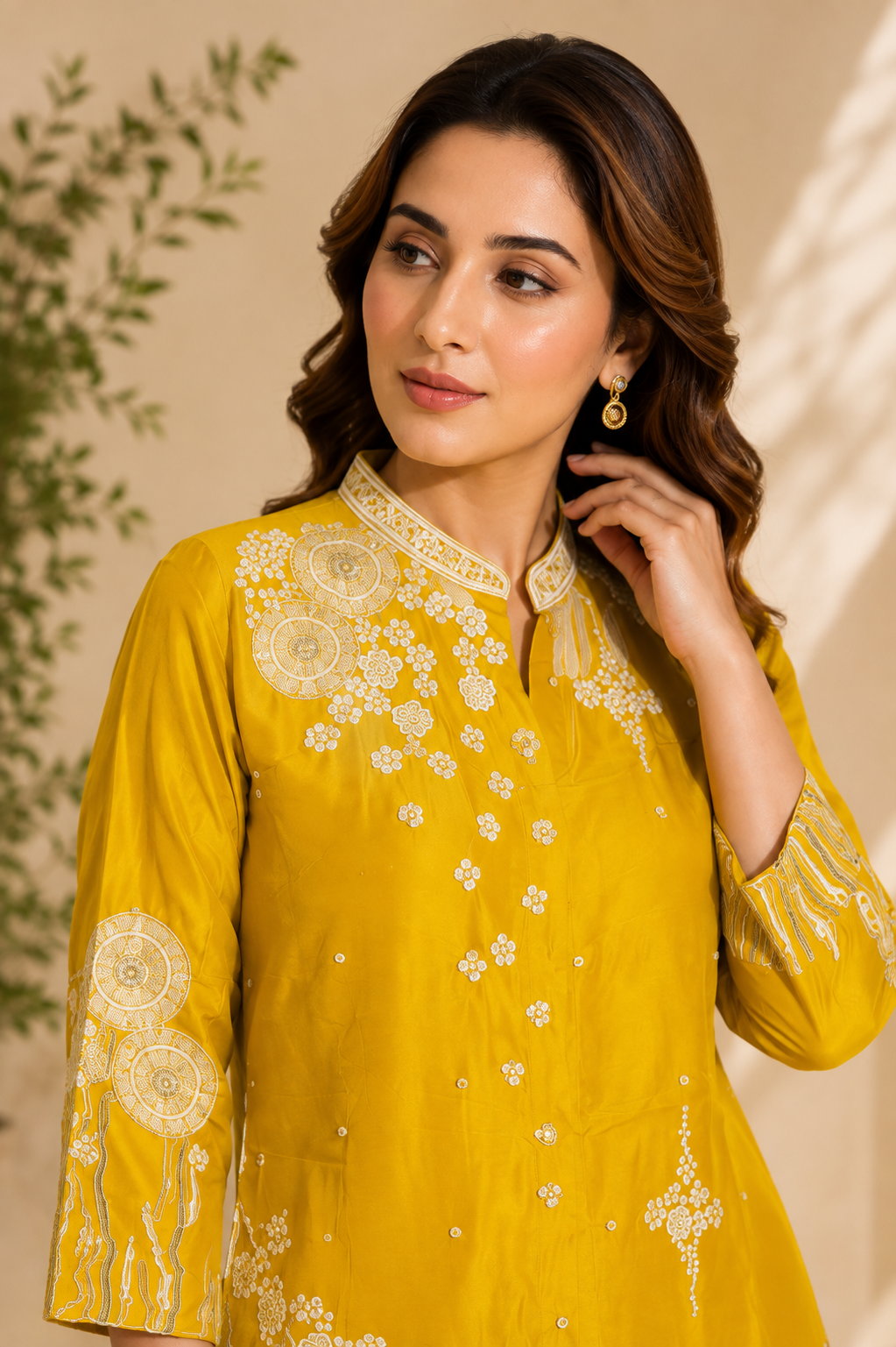 Women's Yellow Floral Embroidered Kurta & Palazzo Co-Ord Set — Co-ord Set — view 3 | Lehar Clothing UAE