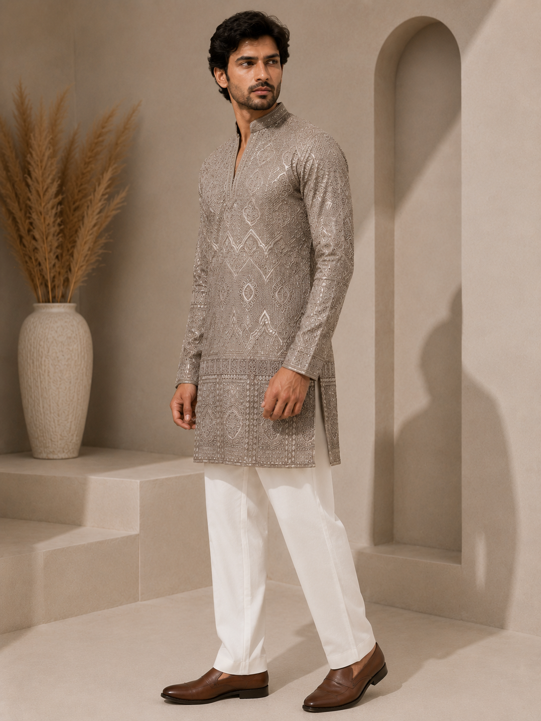 Taupe Imperial Embroidered Kurta Set — Kurta Sets | Lehar Clothing UAE